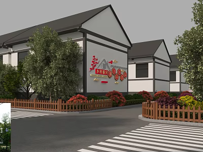 Traditional Modern Building Exterior Wall With White Surface Black Roof Green Plants And Wooden Fence 3d model