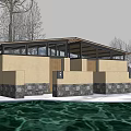 Modern Waterfront Building With Large Windows Stone Base And Surrounding Trees 3d model