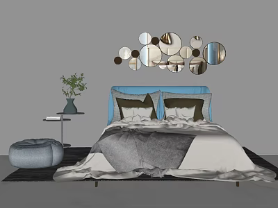 Double Bed with Blue Headboard Circular Mirror Decor Side Table Green Plant and Gray Ottoman 3d model