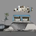 Double Bed with Blue Headboard Circular Mirror Decor Side Table Green Plant and Gray Ottoman
