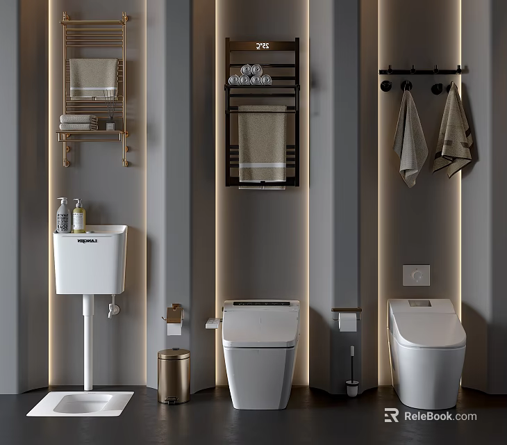 Modern Bathroom Interior With Two Toilets Washbasin Towel Racks And Shelves 3d model 