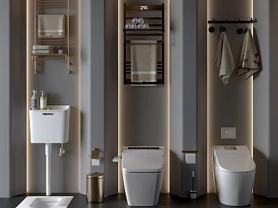 Modern Bathroom Interior With Two Toilets Washbasin Towel Racks And Shelves 3d model