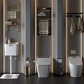 Modern Bathroom Interior With Two Toilets Washbasin Towel Racks And Shelves