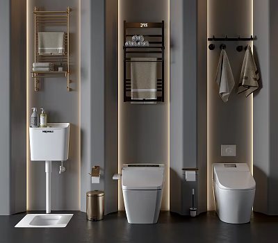 Modern Bathroom Interior With Two Toilets Washbasin Towel Racks And Shelves 3d model