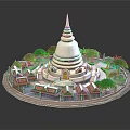 Ancient Architecture White Pagoda Design With Green Trees Small Buildings And Circular Water Platform