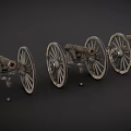 Antique Weapons Old Fashioned Cannons with Large Wooden Wheels Lined Up on Dark Background