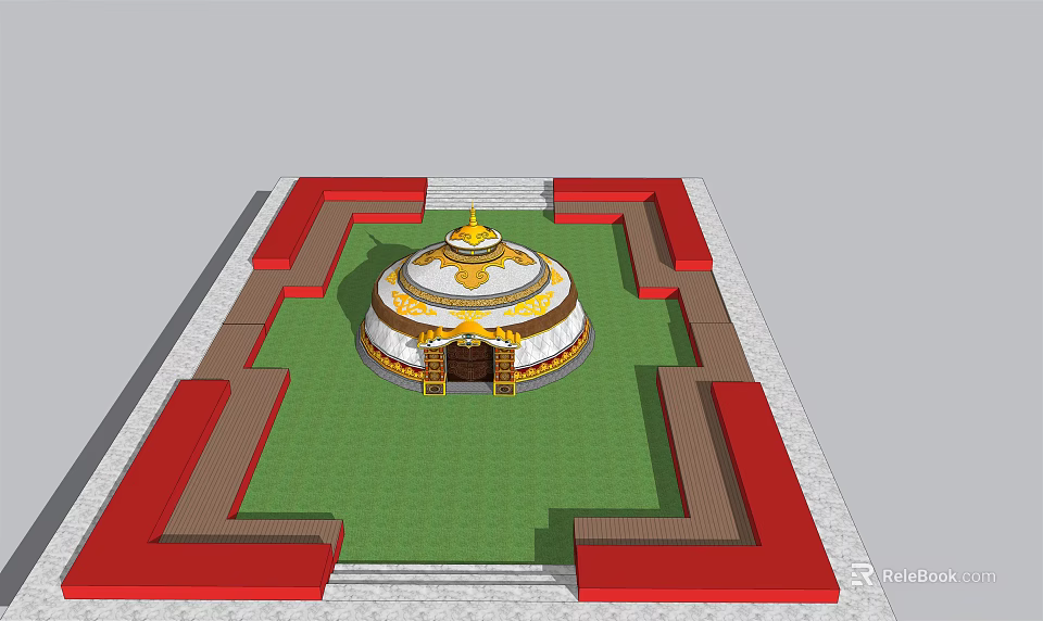 Traditional Circular Dome Building With Golden Top Red Borders And Green Lawn Courtyard 3d model 
