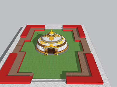 Traditional Circular Dome Building With Golden Top Red Borders And Green Lawn Courtyard 3d model
