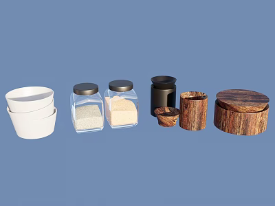 Various Kitchenware Collection With White Bowls Glass Jars And Wooden Containers 3d model