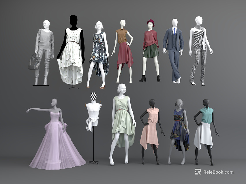 Diverse Fashion Models Showcasing Different Stylish Dresses and Outfits in Various Poses 3d model 