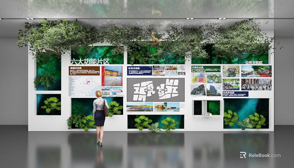 Informative Exhibition Wall Displaying Six Functional Zones With Charts Images And Green Plants 3d model 