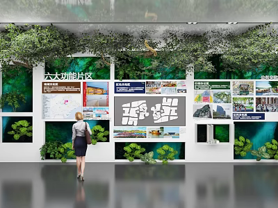 Informative Exhibition Wall Displaying Six Functional Zones With Charts Images And Green Plants 3d model