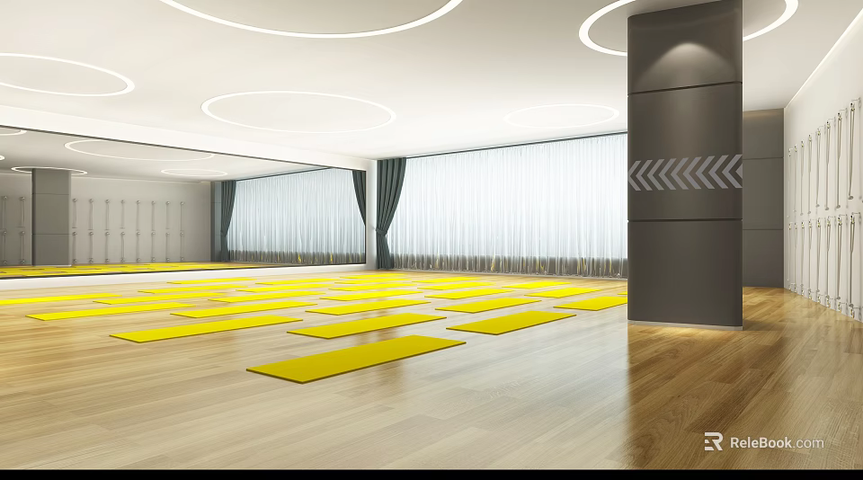 Modern Yoga Studio With Yellow Yoga Mats And Bright Space 3d model 
