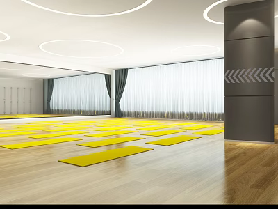 Modern Yoga Studio With Yellow Yoga Mats And Bright Space 3d model