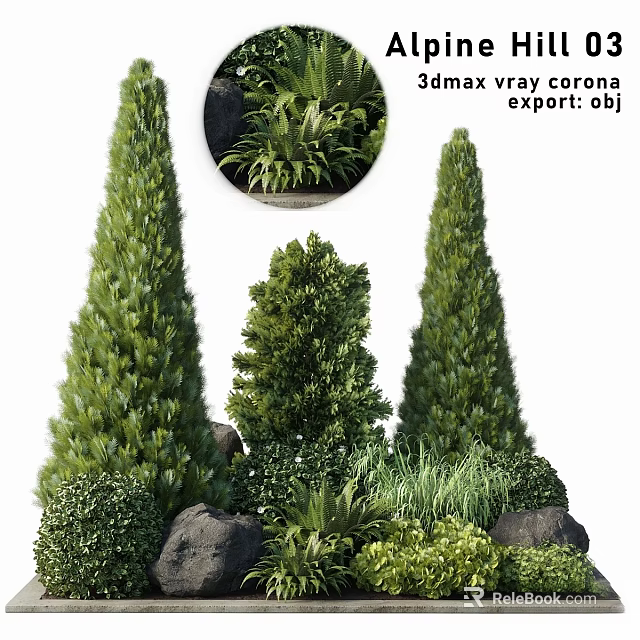 Decorative Plant Ornament Combination With Cone Shaped Trees Round Bushes Rocks And Grass 3d model 