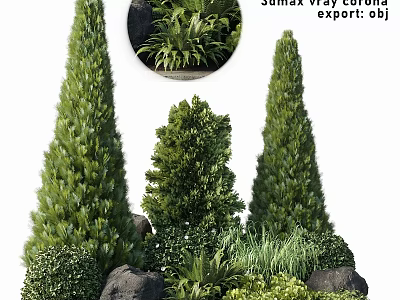Decorative Plant Ornament Combination With Cone Shaped Trees Round Bushes Rocks And Grass 3d model