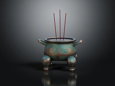 Decorative Bronze Incense Burner Ornament Set With Three Legs Side Handles And Red Incense Sticks 3d model