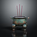 Decorative Bronze Incense Burner Ornament Set With Three Legs Side Handles And Red Incense Sticks