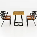 Dining Table And Chairs Set With Wooden Tabletop Black Metal Frame And Brown Leather Seats