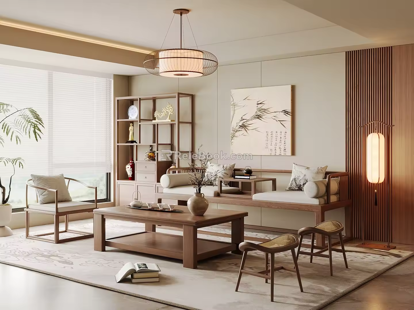 New Chinese Style Living Room Song Style Chinese Style Sofa Coffee Table Combination Solid Wood Coffee Table Bogu Frame Leisure Sofa Chair Sofa Editing Chandelier Decorative Painting Table Lamp 3d model