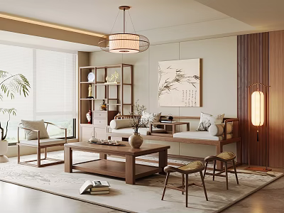 New Chinese Style Living Room Song Style Chinese Style Sofa Coffee Table Combination Solid Wood Coffee Table Bogu Frame Leisure Sofa Chair Sofa Editing Chandelier Decorative Painting Table Lamp 3d model