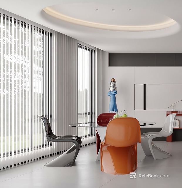 Modern Restaurant Interior Design With Vertical Blinds Large Windows And Colorful Dining Chairs 3d model 