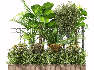 Lush Potted Plants With Leafy Greens And Flowering Shrubs In Wooden Planter 3d model