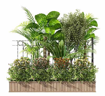Lush Potted Plants With Leafy Greens And Flowering Shrubs In Wooden Planter 3d model