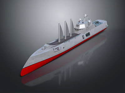 Modern Naval Ship 3D Model With White Hull Red Bottom And Masts On Deck 3d model