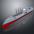 Modern Naval Ship 3D Model With White Hull Red Bottom And Masts On Deck 3d model