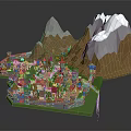 Cartoon Scenery Featuring Castle Village Red Roofs Green Grass And Snowy Mountains