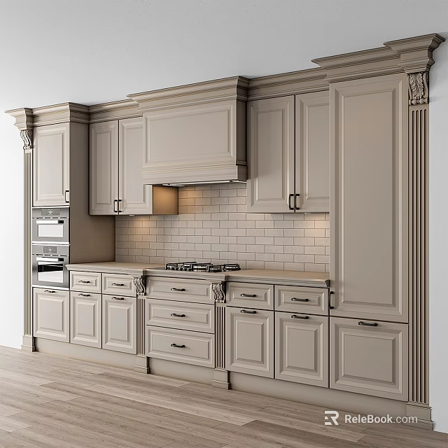 Traditional Kitchen Cabinet Design With Carved Details Drawers Tile Backsplash And Wooden Flooring 3d model 