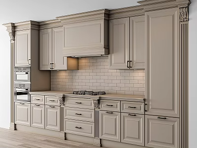 Traditional Kitchen Cabinet Design With Carved Details Drawers Tile Backsplash And Wooden Flooring 3d model