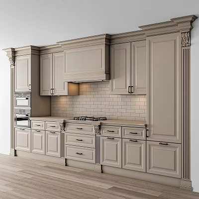 Traditional Kitchen Cabinet Design With Carved Details Drawers Tile Backsplash And Wooden Flooring 3d model