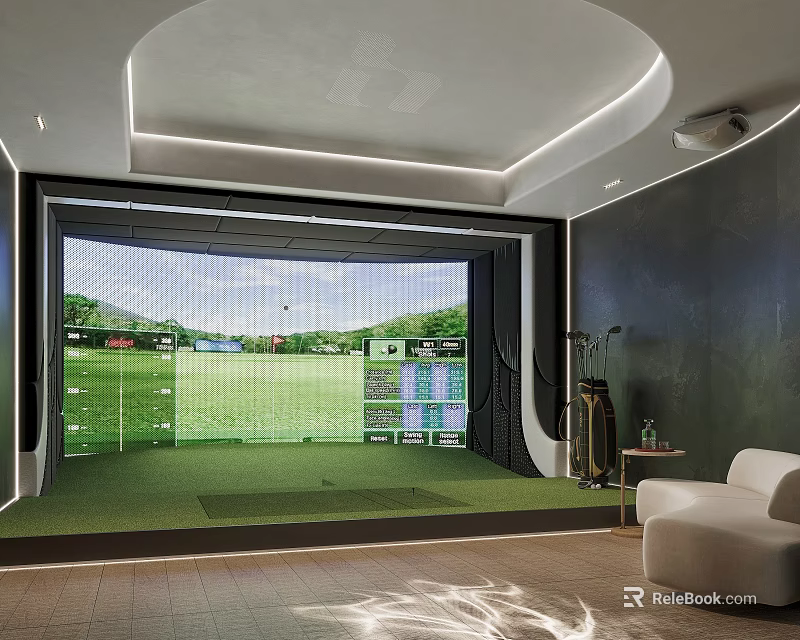 Indoor Golf Simulator With Large Screen Green Turf For Fitness Training In Comfortable Room 3d model 