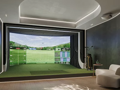 Indoor Golf Simulator With Large Screen Green Turf For Fitness Training In Comfortable Room 3d model