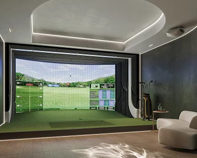 Indoor Golf Simulator With Large Screen Green Turf For Fitness Training In Comfortable Room 3d model