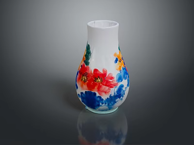 Sculpted Ceramic Vase With White Base And Colorful Floral Patterns Red Blue Yellow Flowers 3d model
