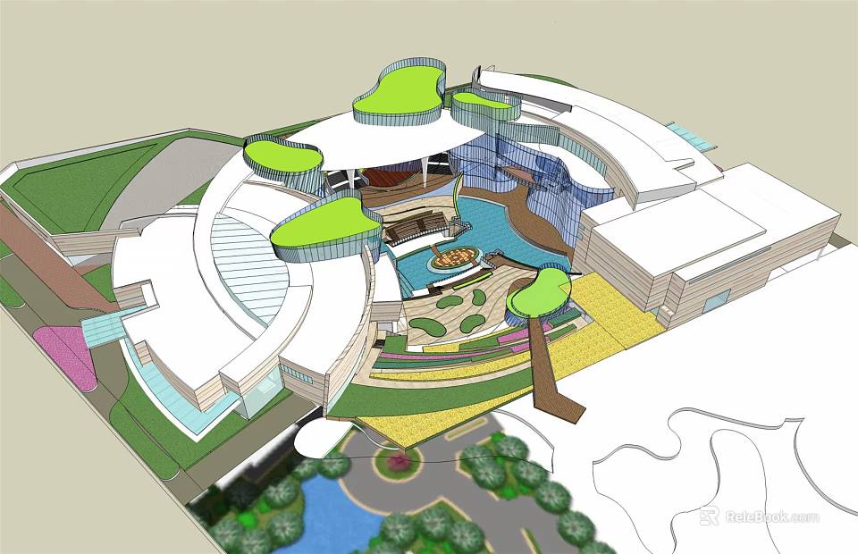 Modern Architectural Design with Circular Structures Green Roofs and Central Water Courtyard 3d model