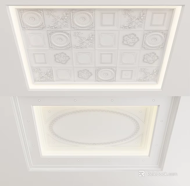 Elegant Ceiling Design With Intricate Carvings Recessed Lighting And Geometric Patterns 3d model