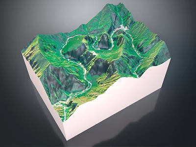3D Terrain Model With Green Brown Mountainous Areas And Rivers On White Base 3d model