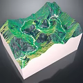 3D Terrain Model With Green Brown Mountainous Areas And Rivers On White Base