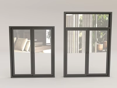 Modern Glass Windows With Black Frames Showing Interior Sofa And Plants 3d model