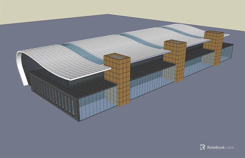 Modern Architectural Structure With Wavy Roof Brick Columns And Glass Curtain Walls 3d model 