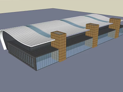 Modern Architectural Structure With Wavy Roof Brick Columns And Glass Curtain Walls 3d model