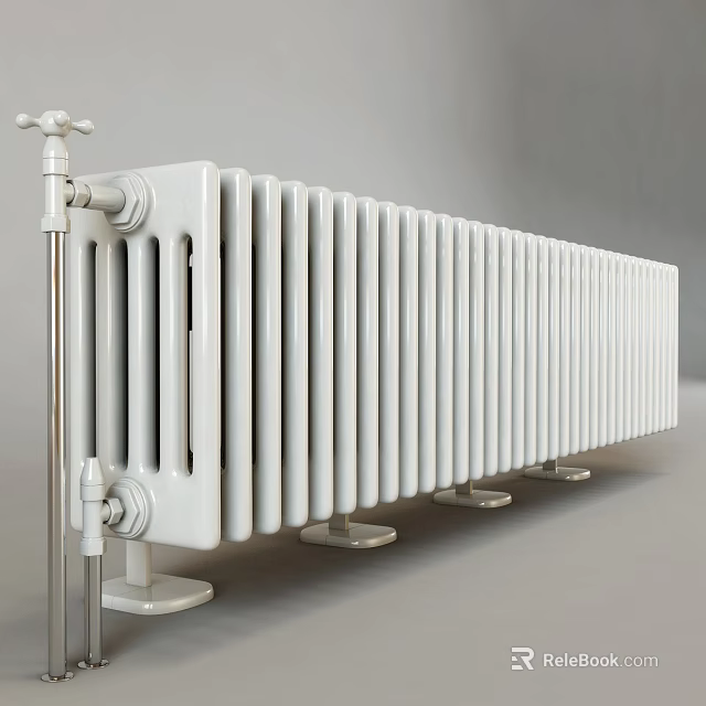 White Column Radiator With Metal Valves And Base For Home Heating Interior 3d model 