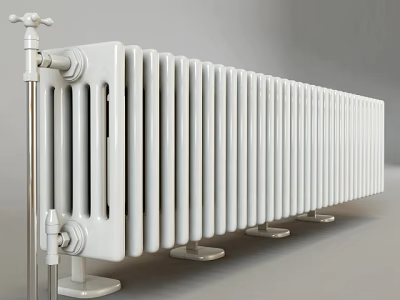 White Column Radiator With Metal Valves And Base For Home Heating Interior 3d model