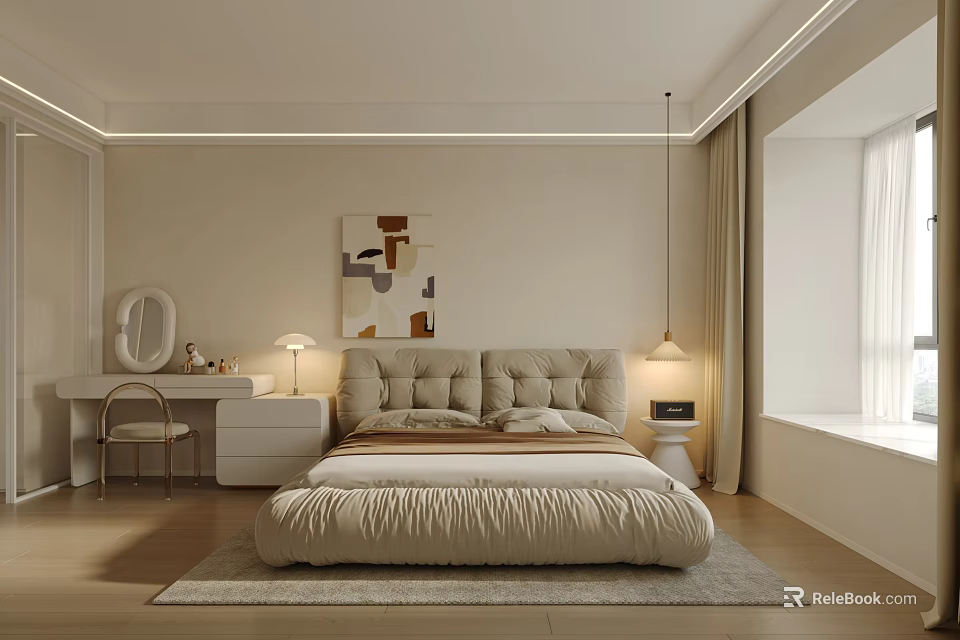 Modern Beige Bedroom Interior with Large Bed Decorative Painting Dressing Table Mirror and Wooden Floor 3d model 