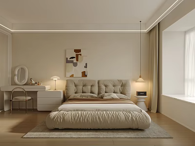 Modern Beige Bedroom Interior with Large Bed Decorative Painting Dressing Table Mirror and Wooden Floor 3d model