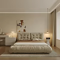 Modern Beige Bedroom Interior with Large Bed Decorative Painting Dressing Table Mirror and Wooden Floor